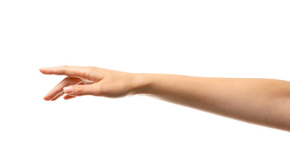 Young woman holding her hand on white background, closeup