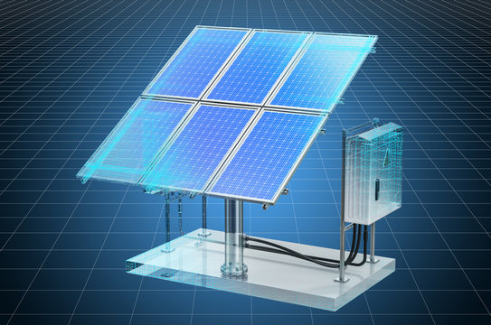Visualization 3d cad model of solar panel, blueprint. 3D rendering