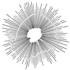 Poster - Radial, radiating beams, rays starburst, sunburst lines. Circular burst, firework, blast or explosion effect. Concentric, converging array sparkle effect. Irregular, dashed stripes