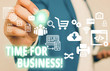 © A - Text sign showing Time For Business. Business photo text fulfil transactions within period promised to client Male human wear formal work suit presenting presentation using smart device