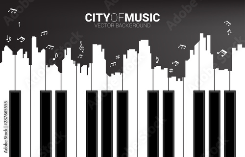 Dekoracja na wymiar  klawisz-fortepianu-uksztaltowal-sylwetke-zarysu-wielkiego-miasta-koncepcja-tla-dla-klasycznej-imprezy-muzycznej