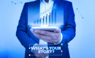 Aufkleber - Text sign showing What S Is Your Story question. Business photo text analysisner of asking demonstrating about past life events bar char improvement line smartphone computer office technology device