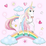 Fototapeta Pokój dzieciecy - Magic cute unicorn, walking on the rainbow, doodle nursery art