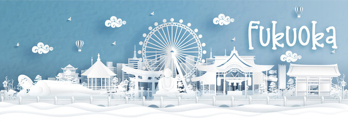 Wall Mural - panorama view of fukuoka city skyline with world famous landmarks of japan in paper cut style vector