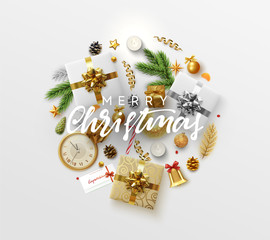 Poster - Christmas greeting card with holiday objects. Merry Christmas and happy new year. Background with gift box and balls design. Postcard with clocks, candles and fir branches. Xmas decoration elements.