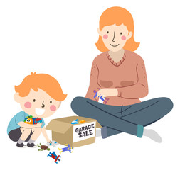 Sticker - Kid Boy Mother Garage Sale Toys Illustration