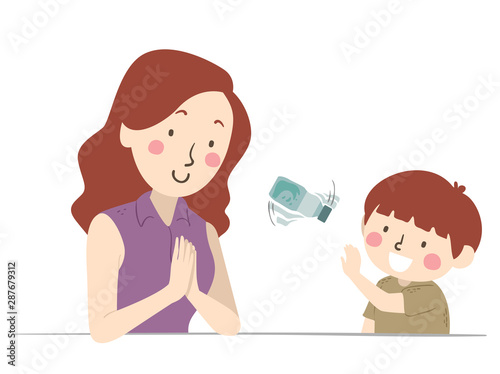 Kid Boy Mother Bottle Flip Illustration