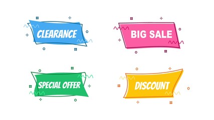 Wall Mural - Flat linear promotion ribbon banner, scroll, price tag, sticker, badge, poster. Vector illustration