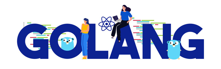 Poster - Golang programming languages. Large text concept of code development development programmer. Vector illustration.
