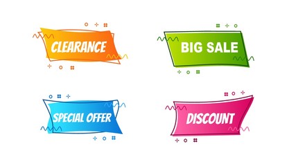 Wall Mural - Flat linear promotion ribbon banner, scroll, price tag, sticker, badge, poster. Vector illustration