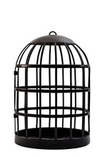 Trapped And Captivity Conceptual Idea With Black Bird Cage Isolated On White Background And Clipping Path Cutout