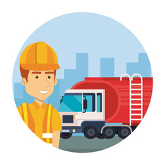 Sticker - industrial worker with delivery service truck scene