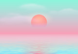 Fototapeta Zachód słońca - Sun over the sea with sun road and vaporwave 90s styled green and pink colors