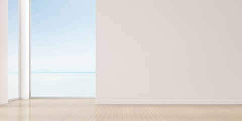 Poster - 3D rendering of white  luxury empty room and wood floor on sea view background with sun light cast shadow on the wall,Perspective of minimal interior style.