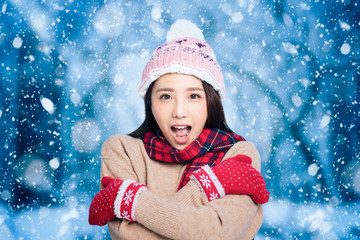 Young Beautiful Woman in winter clothes with snow background