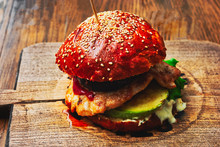 Delicious Hamburger On Wooden Board Matte Look With Lifted Shadows