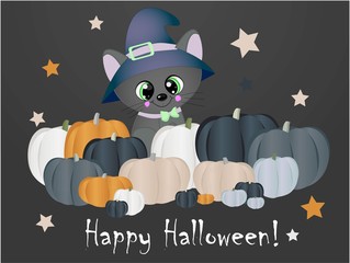 Wall Mural - Happy Halloween Magic night. Greeting card with cat and pumpkins..