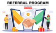 © CoCoArt_Ua - Refer a friend or Referral marketing concept. Business people shaking hands. Hands in big smartphone. People share info about referral program. Social communication for friends. Vector.