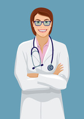 Wall Mural - Smiling middle-aged female doctor. Cute woman wearing a lab coat stands with crossed arms. Vector illustration