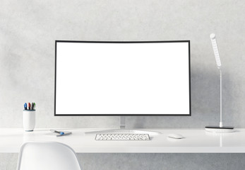 Aufkleber - Curved monitor on white desktop concrete interior mockup 3D rendering
