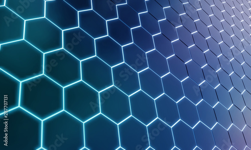 Glowing black and blue hexagons background pattern on silver metal surface 3D...