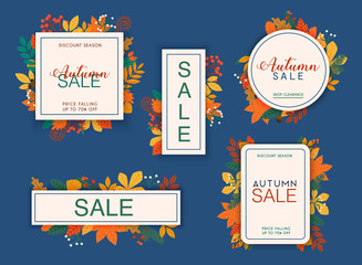 Wall Mural - Sale banner set. Discount season. Autumn leafs on the background. Flat design modern vector illustration concept.