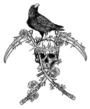 Tattoo Art Crow Wearing A Crown On A Skull