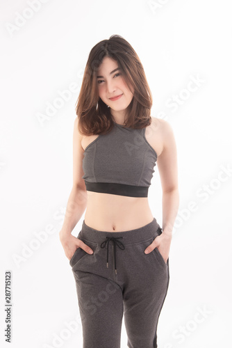 Portrait Of Beautiful Asian Woman Short Hair Wearing Sport Bra And