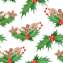  Watercolor Christmas seamless pattern. Hand drawn traditional cookies, gingerbread man, star with icing sugar, holly leaves and berries, candy cane. Decoration for holiday, cards, wrapping paper.