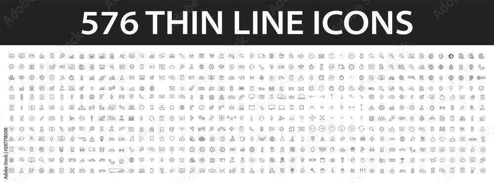 Big collection of 576 thin line icon. Web icons. Business, finance, seo, shopping, logistics, medical, health, people, teamwork, contact us, arrows, technology, social media, education, creativity. - obrazy, fototapety, plakaty 