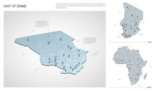 Vector Set Of Chad Country.  Isometric 3d Map, Chad Map, Africa Map - With Region, State Names And City Names.