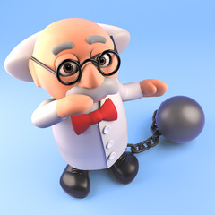 Wall Mural - 3d cartoon mad professor scientist character wearing a ball and chain, 3d illustration