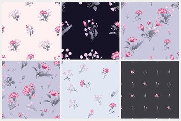 Seamless pattern set. Vector floral design with roses . Romantic background print