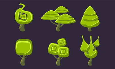 Sticker - Green Fantasy Shape Trees Set, Fantastic Forest Elements, Game Ui Scenics Vector Illustration