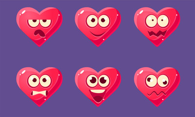 Poster - Cute Glossy Heart Characters Set, Pink Hearts with Different Emotions Vector Illustration,