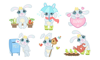 Poster - Adorable Bunny Cartoon Character Set, Cute Lovely Animal in Different Situations Vector Illustration