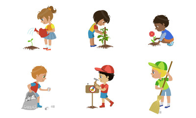 Sticker - Kids Volunteers Set, Children Gathering Plastic Waste, Planting Trees and Flowers, Sweeping Street Vector Illustration