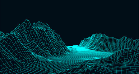 Fototapete - Abstract digital landscape with particles dots and stars on horizon. Wireframe landscape background. Big Data. 3d futuristic vector illustration. 80s Retro Sci-Fi Background