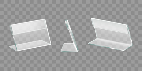 Menu, nameplate plastic or plexiglass table display, advertising materials, promo handouts acrylic holder front, side, back view 3d realistic vector objects set isolated on transparent background