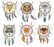 Set With Magic Boho Talisman With Animals. Decorative Dreamcatcher With Feathers And Arrows. Bohemian Style. Vector Illustration