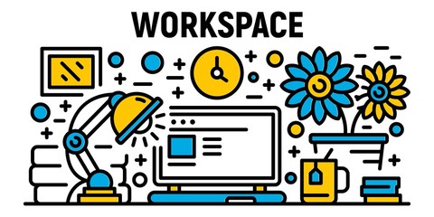 Poster - Freelancer workspace banner. Outline illustration of freelancer workspace vector banner for web design