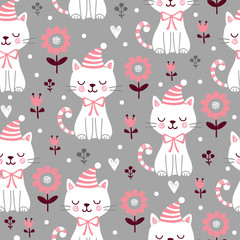 Wall Mural - Vector seamless pattern with cute squinted kittens in Christmas caps on a gray background.