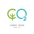 Carbon dioxide logo - green tree and oxygen symbol. Photosynthesis in nature vector icon.