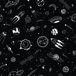 Seamless Collection of cartoons outer space objects set design over black background