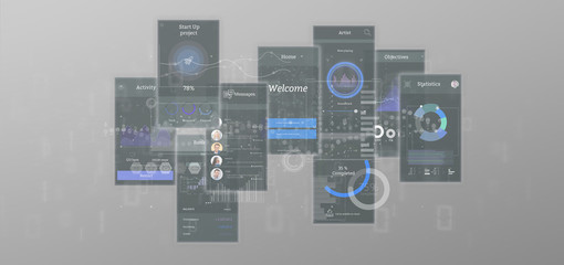 Poster - User interface screens with icon, stats and data 3d rendering