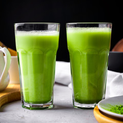 Wall Mural - Matcha green tea powder latte with milk in two high glass on stone table, black straw, wooden plate and tray,bamboo tasaku and whisk