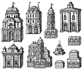 Poster - Set of hand drawn houses, old style building facades. Old houses, city buildings, doodle decorative elements collection. Outline black and white vector illustration. Coloring for children and adults.