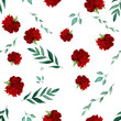 Dark red peony and leaf hand drawn on white seamless background