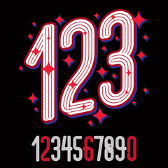 Poster - Funky tall condensed numbers collection, vector numeration made with parallel lines. For use as retro poster design elements for fun club or concert advertising.