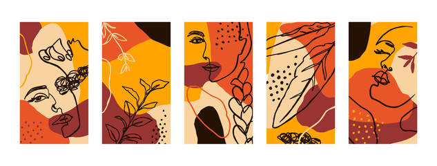 Wall Mural - Set Backgrounds with Women Portraits and flora Elements. Abstract Mobile Wallpapers in minimalist trend style for social media stories. Vector Illustration in autumn colors orange, yellow, terracotta